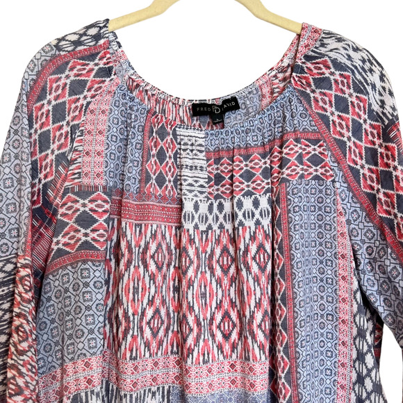 Fred David Womens Tunic Blouse Large Blue Pink Mixed Patchwork Print Bell Cuffs - Picture 2 of 7